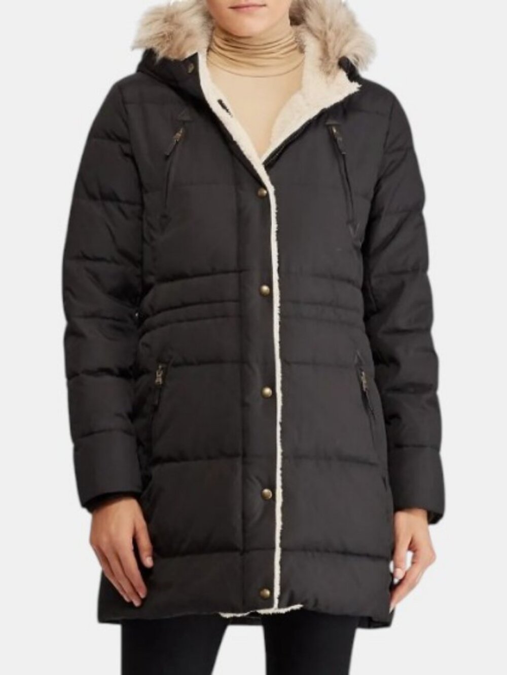 Lauren Ralph Lauren faux shearling puffer long coat black women's size XS